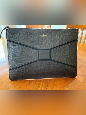 kate spade black pebbled leather clutch with gold logo